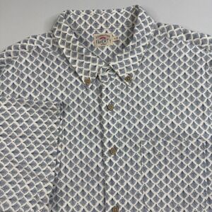 Faherty Brand Mens XL‎ Short Sleeve Button Down Shirt Blue White Geometric Fan